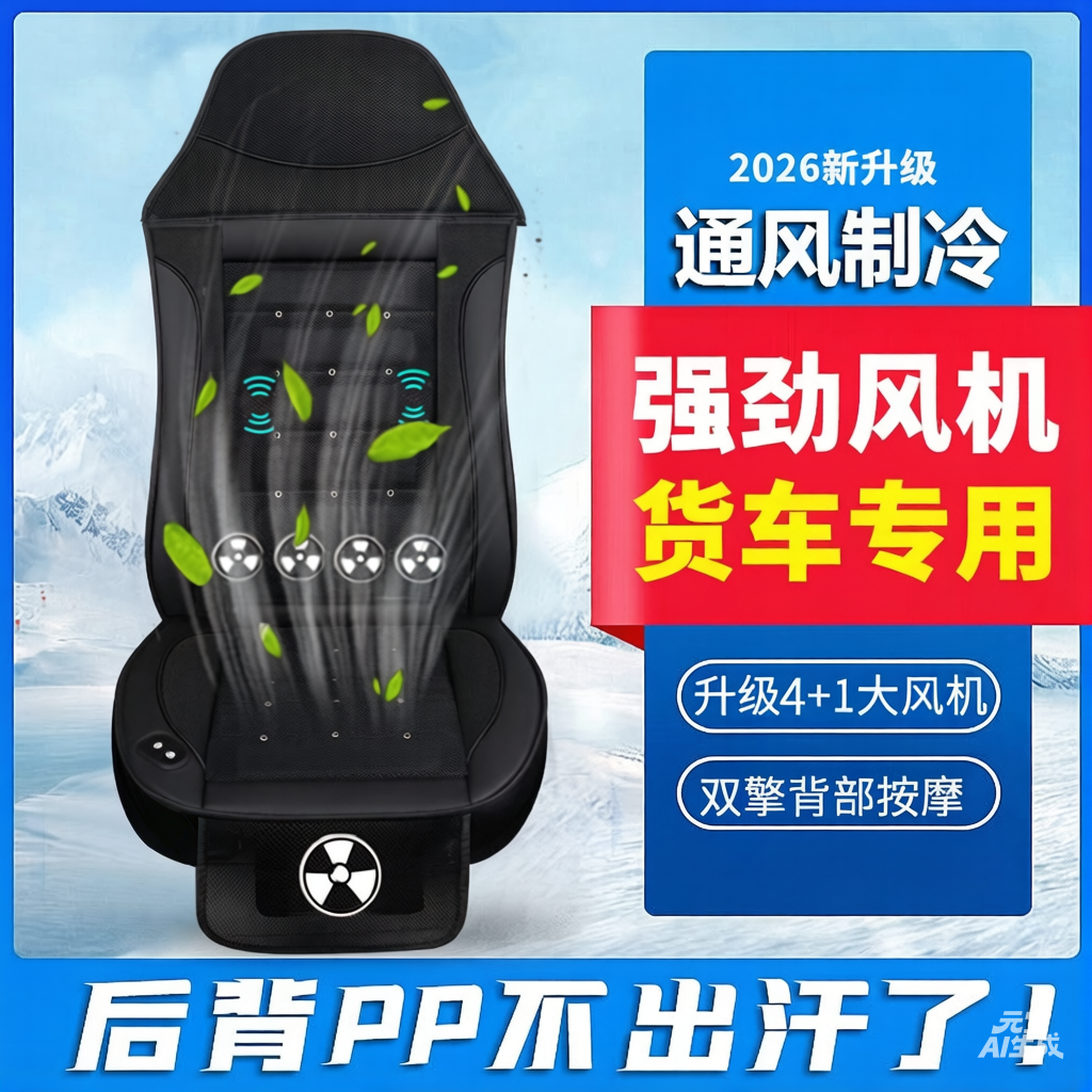 24V Luxury Truck Cooling Seat Pad - 6 Fans + Power Lumbar Massage Support